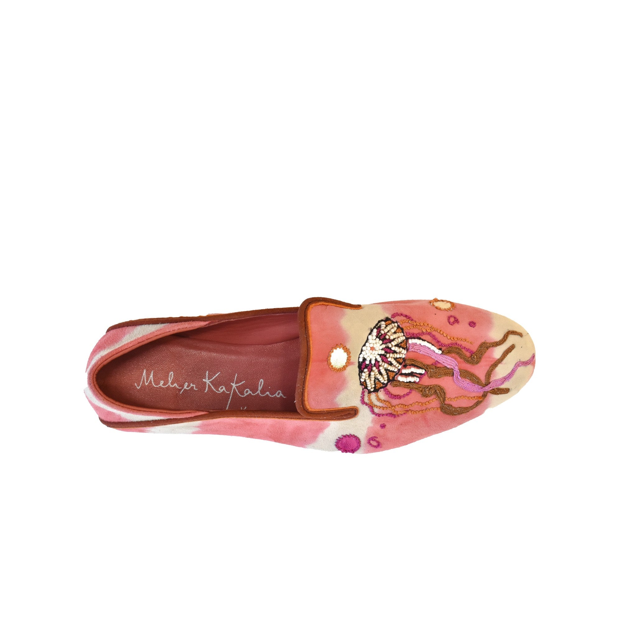 Embroidered pink leather moccasins with bead accents
